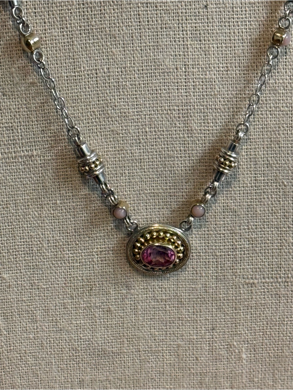 Sterling Silver 925 Pink Topaz Gold Wash Artist Made Necklace Designer